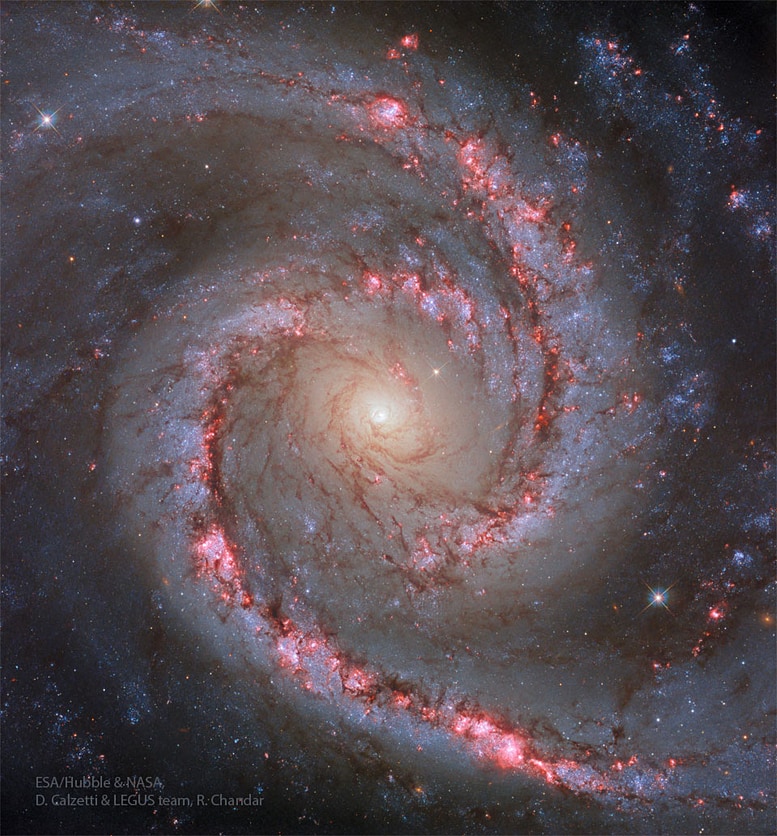 A spiral galaxy of stars shown in arms of white tinted with rose and deep red, with a bright yellow core. The arms of the galaxy are flung gracefully outwards like a joyous dancer