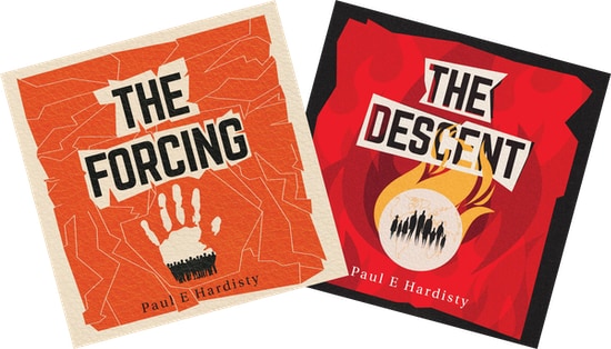 The audiobook covers of The Forcing and The Descent by Paul E. Hardisty. The Forcing has a background of cracked orange over which the outline of pale tan hand is displayed. Within the hand can be seen the black outline of a large crowd of people. The Descent has a background of flames in hues or red to dark red over which a white circle is displayed with yellow flames risign from it, like a burning match head. Within the white circle is the black outline of a group of people, looking like four adults and five children.