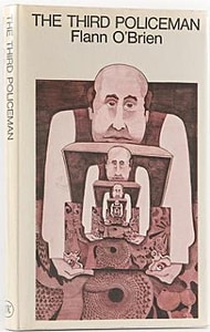 The cover of the original edition of the book The Third Policeman by Flann O'Brien: A somewhat despondent-looking balding man wearing a whete shirt and a dark rust-colored vest is sitting and holding a box in his lap. The box is open and leaning up out of the box is a smaller version of the same man holding the same box. This repeats over and over until the man is too small to see.