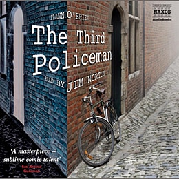 The audiobook cover of The Third Policeman by Flann O'Brien: A bicycle leans between the door and corner of an old, deep-rust red brick building fronted by a cobblestone street.