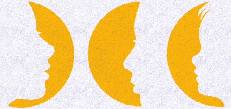 Three light orange partial moons, but in each can be seen the outline of a face: on the left, looking right is the oldest sibling and sister Anh; in the center, looking left, is the older brother, Minh; and on the right, also looking left, is the younger brother, Thanh.